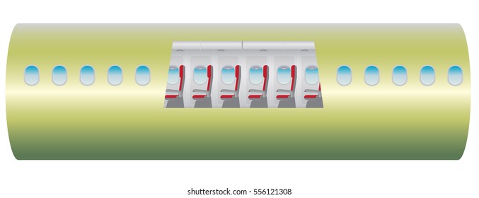 Outside and Inside of Airplane. Focus of Economic class seat Vector illustration