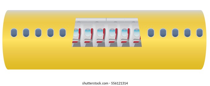 Outside and Inside of Airplane. Focus of Economic class seat Vector illustration