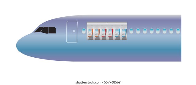 Outside and Inside of Airplane. Focus of Economic class seat Vector illustration