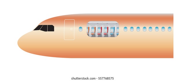 Outside and Inside of Airplane. Focus of Economic class seat Vector illustration