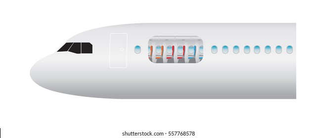 Outside and Inside of Airplane. Focus of Economic class seat Vector illustration