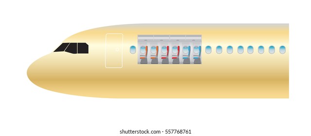 Outside and Inside of Airplane. Focus of Economic class seat Vector illustration