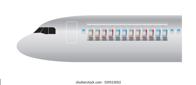 Outside and Inside of Airplane. Focus of Economic class seat Vector illustration