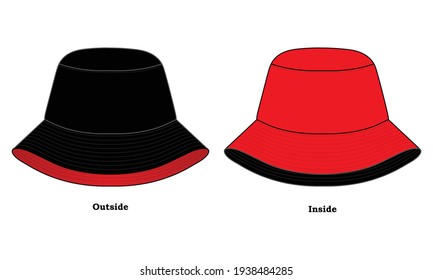 Outside and Inside Black-Red Bucket Hat Design Vector.