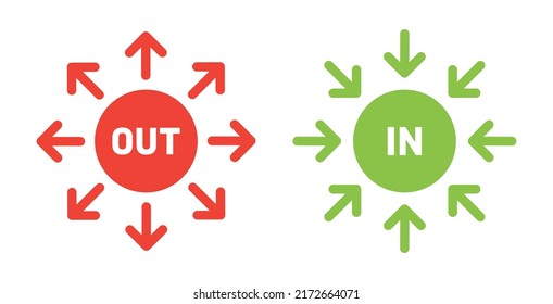 Outside and inside circle and arrow vector symbol illustration. Red OUT and green IN sign.