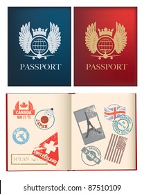 outside   inside pages red   blue passport and stamps  uses gradient mesh