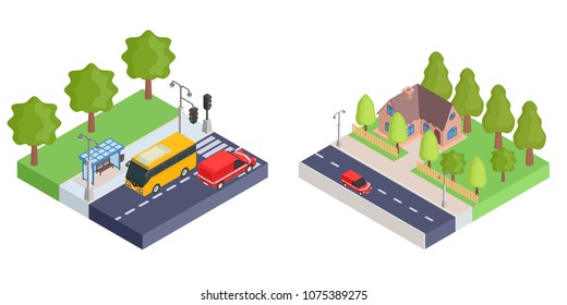 Outside isometric house and bus stop with cars.vector stock image illustration