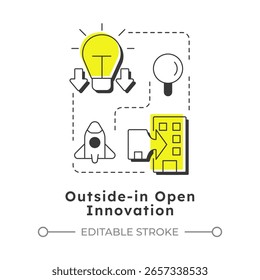 Fora em inovação aberta ícone conceito linear moderno. Absorvendo insights de desenvolvimento. Nova integração de pensamento. Elementos de contorno plano conectados com linhas pontilhadas. Visual criativo. Fácil de editar