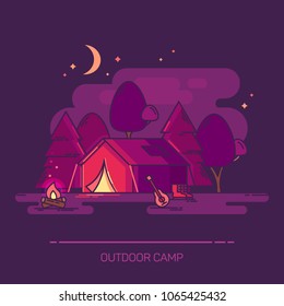 Outside or outdoor night view at camp with moon. Tent or tabernacle, bivvy and campfire, guitar and burning firewood. Expedition and campground, travel and tourism, holiday expedition, activity theme