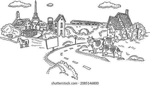Outside Paris - sketchy hand-drawn vector illustration.