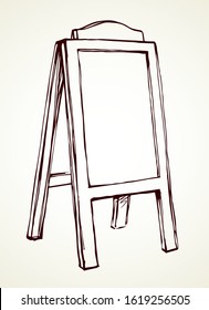 Outside pub promotion placard notice list stand object on white backdrop. Outline hand drawn street outdoor business store service plank logo icon emblem design in retro doodle art style. Closeup view