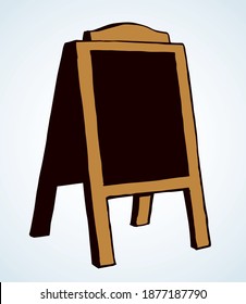 Outside pub promotion placard notice list stand object on white backdrop. Brown hand drawn street outdoor business store service plank logo icon emblem design in retro doodle art style. Closeup view