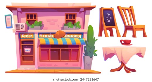 Outside street cafe or restaurant building set. Shop exterior and terrace illustration with table, chair, sign board furniture. Urban small business storefront patio scene for breakfast in downtown.