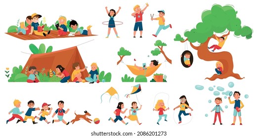 Outside Summer Tent Children Playing Activity Icon Set Children Have Fun Running Hula Hooping Flying Kites And Soap Bubbles Vector Illustration