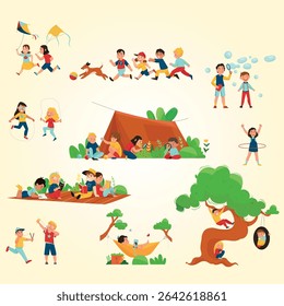 Outside summer tent children playing activity icon set children have fun running hula hooping flying kites and soap bubbles vector illustration