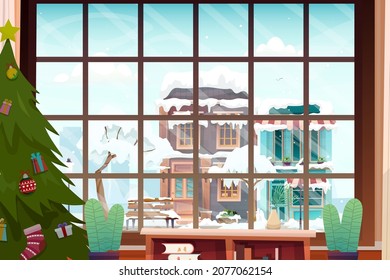 Outside View Glass Window Snow Covered Roof Of House On Winter Season, Christmas Tree Was Beautifully Decorated Inside The House. Vector Illustration