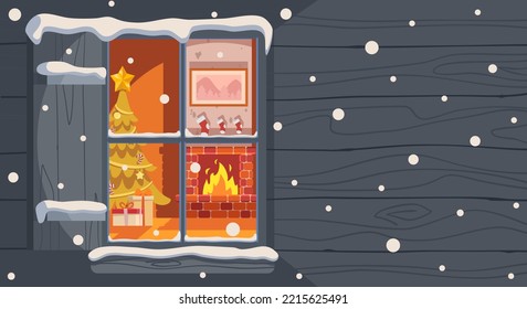 Outside View Snow falling  Christmas windows on the home's wooden wall. Merry Christmas celebration on holiday. Vector illustration flat cartoon design for poster, banner, wallpaper, and card. Nobody.
