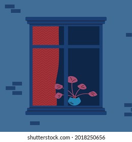 Outside view of window with red curtain and flower plant decoration on dark brick wall - flat empty window frame with nobody inside seen from exterior. Vector illustration.