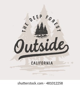 Outside vintage lettering with pines illustration. T-shirt design template