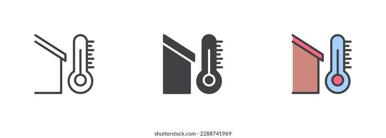 Temperatura del tiempo exterior conjunto de iconos de diferentes estilos. Línea, glifo y contorno relleno versión colorida, contorno y signo vectorial relleno. Símbolo, ilustración del logotipo. Gráficos vectoriales