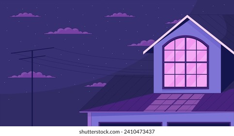 Atico de la ventana exterior sobre el fondo de la caricatura en 2D de las nubes estrelladas. Techo nocturno de la casa de la estética exterior colorida ilustración vectorial, nadie. Papel tapiz de la línea plana de la noche de la cabaña, imagen de lofi