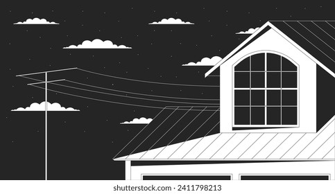 Outside window attic on starry night clouds outline 2D cartoon background. Nighttime roof house outdoor linear vector illustration. Cottage evening flat wallpaper art, monochromatic lofi image