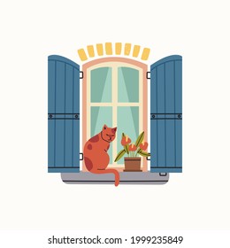 Outside Window icon. Blue wooden shutters, flower, cat sitting on a windowsill. House Exterior. Hand drawn colored trendy Vector illustration. Isolated on a white background. Print or logo template