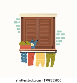 Outside Window icon. Closed wooden shutters, flowers, clothes dryer rope. Brick wall. House Exterior. Hand drawn colored Vector illustration. Isolated on a white background. Print or logo template