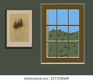 Outside a window are stumps from clear cutting of a forest while on the wall inside is a picture of tall uncut trees that used to be outside the window. This is a 3-d illustration.
