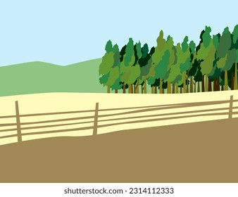 Outskirt. Edge of the village. A grove of trees and green hills beyond the fence.