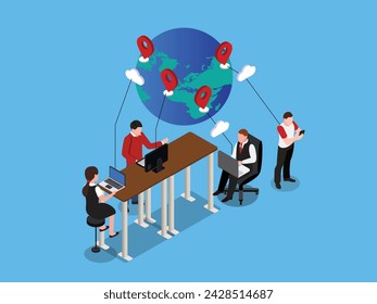 Outsource company freelancer team working around the world on cloud computing 3d isometric vector illustration