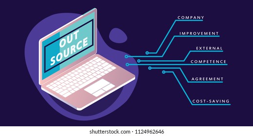 Outsource concept banner in neon and purple colors. Vector illustration 