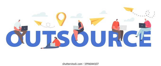 Outsource Concept. Global Outsourcing Team, Businesspeople with Laptops Sit on World Map. Characters Working Distantly Connected in Network Poster, Banner or Flyer. Cartoon People Vector Illustration