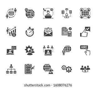 Outsource flat glyph icons set. Recruitment, partnership, teamwork, freelancer, part and full-time job vector illustrations. Black signs for business. Silhouette pictogram pixel perfect 64px x 5.