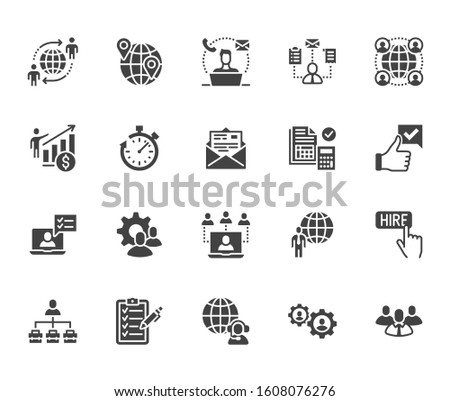 Outsource flat glyph icons set. Recruitment, partnership, teamwork, freelancer, part and full-time job vector illustrations. Black signs for business. Silhouette pictogram pixel perfect 64px x 5.
