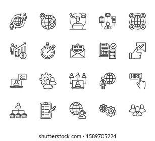 Outsource flat line icons set. Recruitment, partnership, teamwork, freelancer, part and full-time job vector illustrations. Outline pictogram for business. Pixel perfect. Editable Strokes.