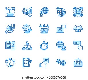 Outsource flat line icons set. Recruitment, partnership, teamwork, freelancer, part and full-time job vector illustrations. Outline pictogram for business. Pixel perfect 64px x 5. Editable Strokes.