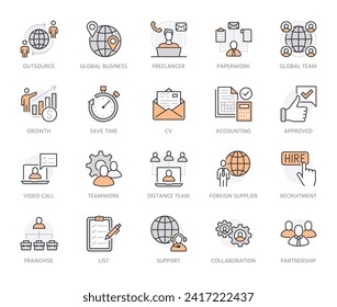 Outsource flat line icons set. Recruitment, partnership, teamwork, freelancer, part and full-time job vector illustrations. Outline pictogram for business. Orange Color. Editable Strokes