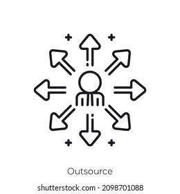 Icono de externalización. Diseño de icono de estilo de esquema aislado en fondo blanco