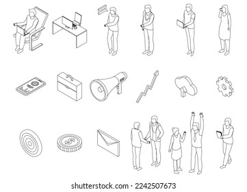 Outsource icons set. Isometric set of outsource vector icons for web design isolated on white background outline