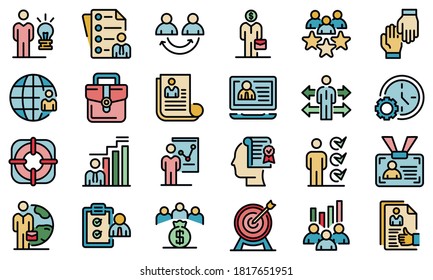 Outsource icons set. Outline set of outsource vector icons thin line color flat on white
