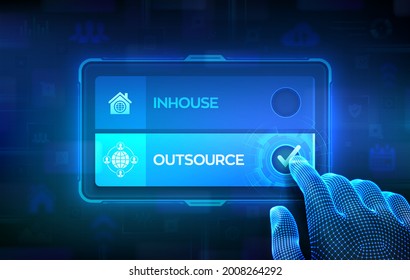 Outsource or inhouse choice concept. Making decision. Outsourcing Global recruitment. Human Resources. Hand on virtual touch screen ticking the check mark on outsource button. Vector illustration.