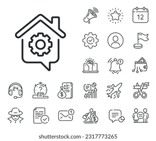 Outsource job sign. Salaryman, gender equality and alert bell outline icons. Work at home line icon. Remote office symbol. Work home line sign. Spy or profile placeholder icon. Vector