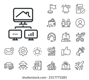 Outsource job sign. Salaryman, gender equality and alert bell outline icons. Work at home line icon. Remote office symbol. Work home line sign. Spy or profile placeholder icon. Vector