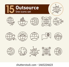 Outsource line icon set. World, team, businessman, handshake. Business concept. Can be used for topics like worldwide corporation, networking distance work