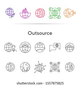 Outsource line icon set. World, team, businessman, handshake. Business concept. Can be used for topics like worldwide corporation, networking distance work