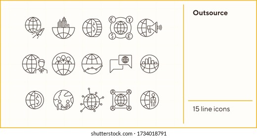 Outsource line icon set. World, team, businessman, handshake. Business concept. Can be used for topics like worldwide corporation, networking distance work