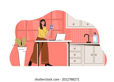 Outsource work concept. Woman remote worker working in kitchen of home situation. Freelancer, project work people scene. Vector illustration with flat character design for website and mobile site