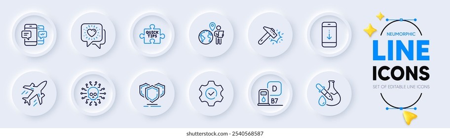 Externalice el trabajo, los iconos de línea de estación de avión y diesel para el App de Web. Paquete de ataques cibernéticos, escudos, iconos de pictogramas de desplazamiento hacia abajo. Chat de amigos, Golpe de martillo, Ejecutar signos. Consejos rápidos. Vector