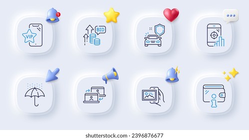 Outsource work, Wallet and Car secure line icons. Buttons with 3d bell, chat speech, cursor. Pack of Bid offer, Vip phone, Image album icon. Seo phone, Waterproof umbrella pictogram. Vector